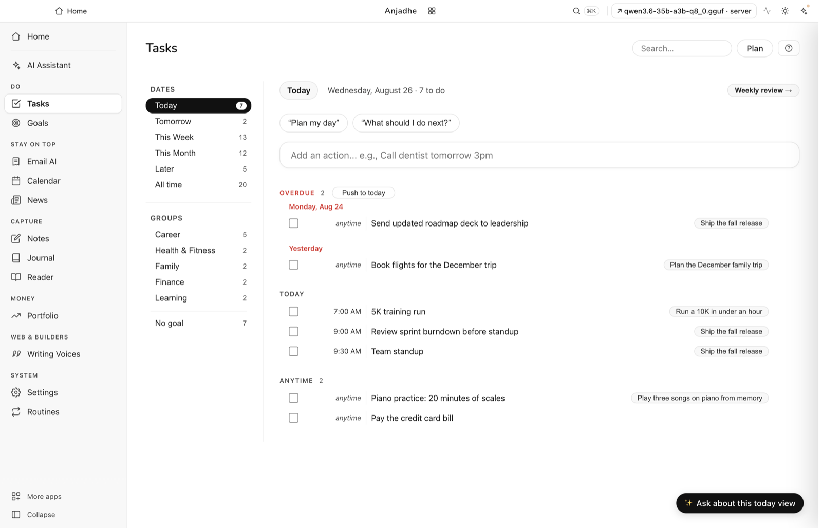 Tasks page: today, overdue and this week