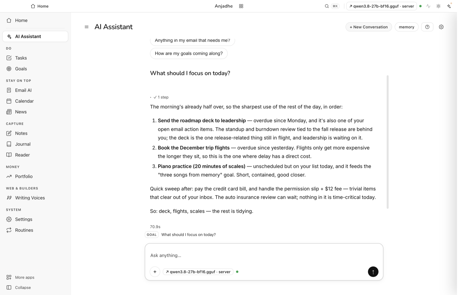 The assistant answering “What should I focus on today?” from the user's own tasks, email and goals