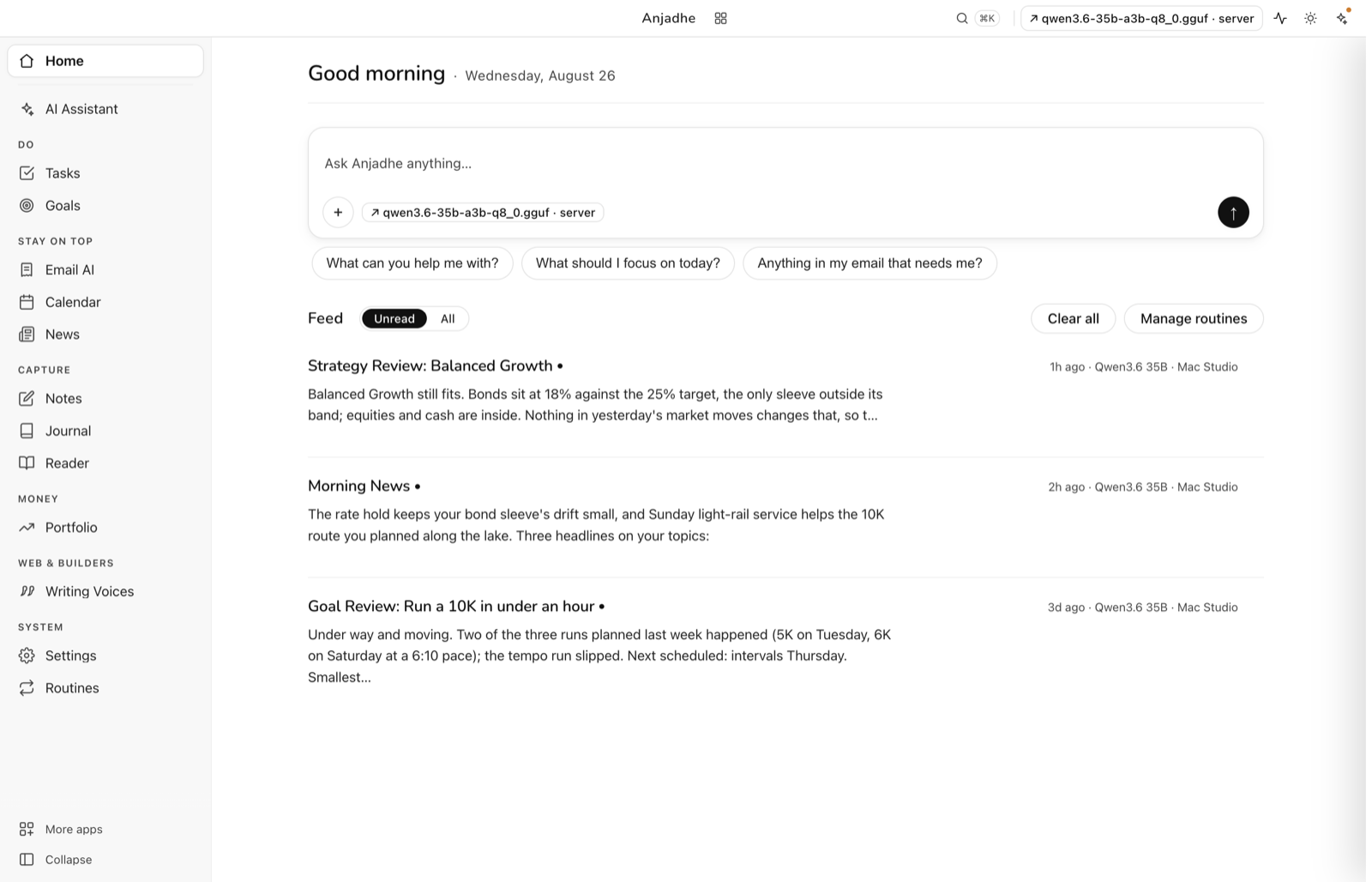 The home feed with dated editions from a strategy review, the morning news and a goal review